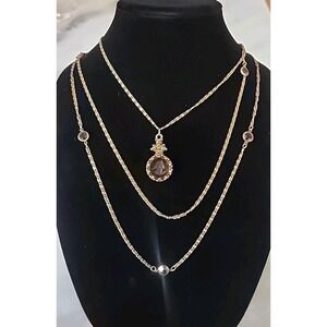 Vtg GOLDETTE Gold 3 Strand Chain Topaz Crystal Glass Intaglio Cameo Necklace